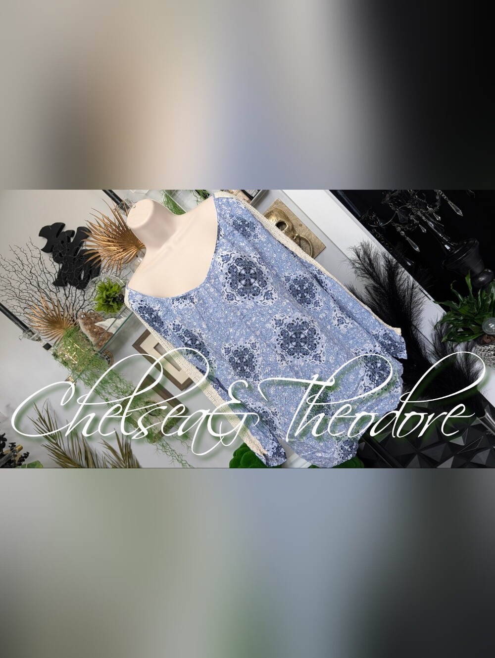Chelsea & Theodore Crochet Sleeve Blouse Top LG